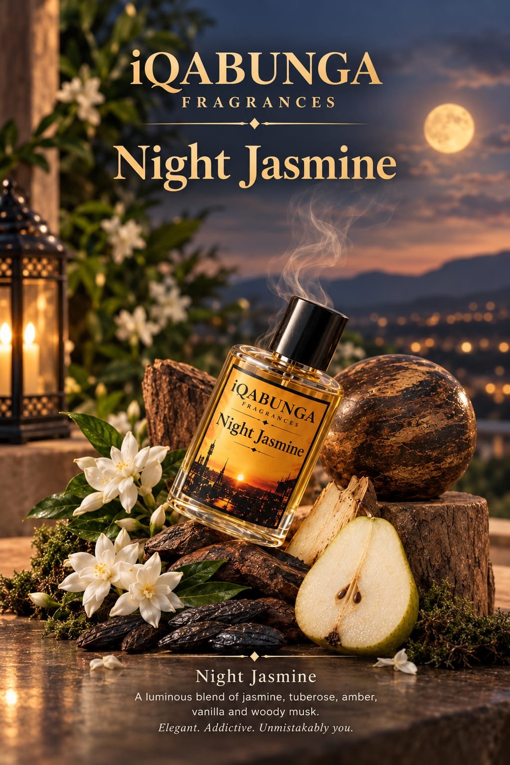 Night Jasmine by iQABUNGA Fragrances, surrounded by jasmine flowers and presented in a moonlit setting